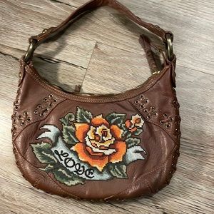 Authentic Isabella Fiora Brown Leather Shoulder Purse with Floral Print